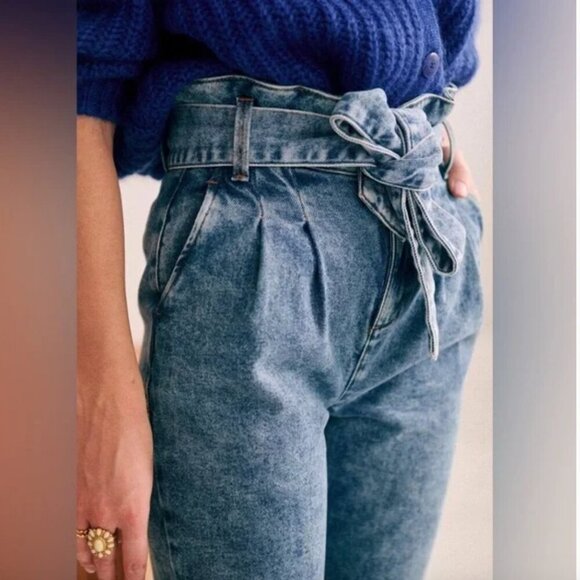 Sezane Austin Jeans Denim Trousers Belted Tie Waist Paperbag Blue Size 38 US 6 - Picture 4 of 9